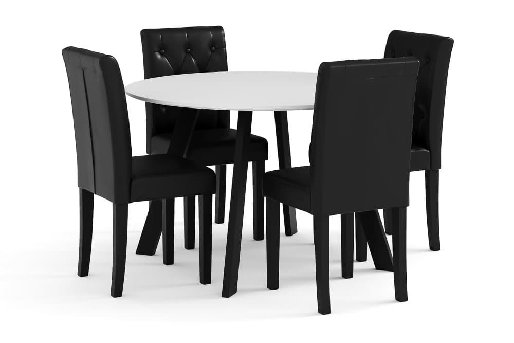 FLY Bord 120 cm Rund Vit + 4 BRUNNEVIK Stolar Svart