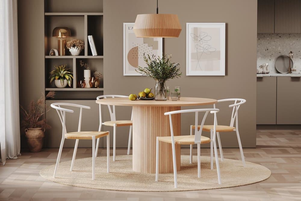 RAMSTA Bord 130 cm Rund Beige + 4 ELYSIA Stolar Vit