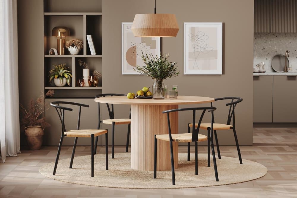 RAMSTA Bord 130 cm Rund Beige + 4 ELYSIA Stolar Svart