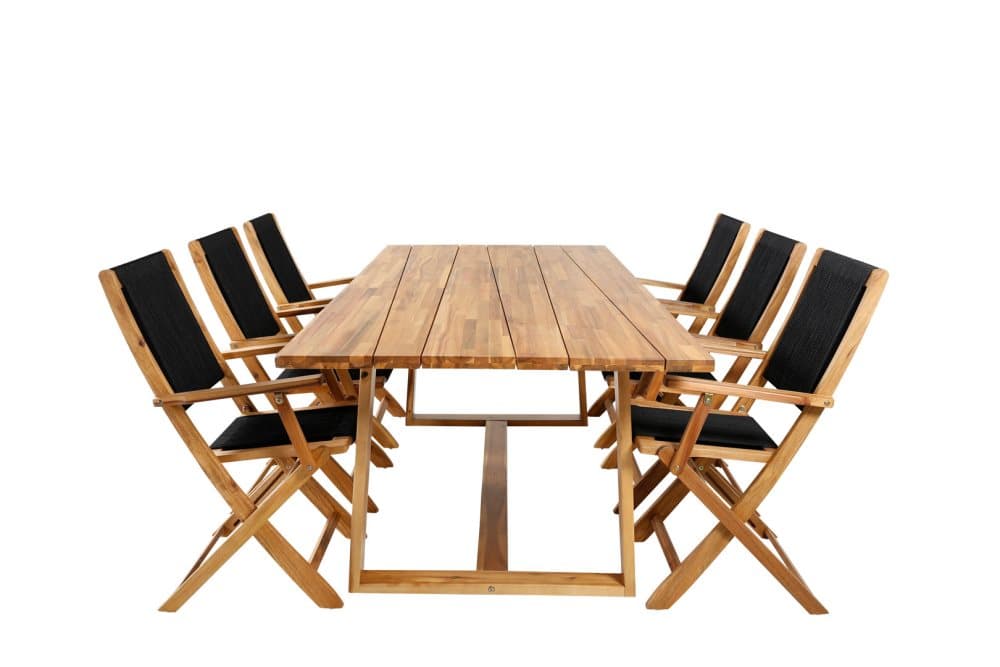 Plankton Trädgårdset bord 100x220cm och 6 stole Peter svart, natur.