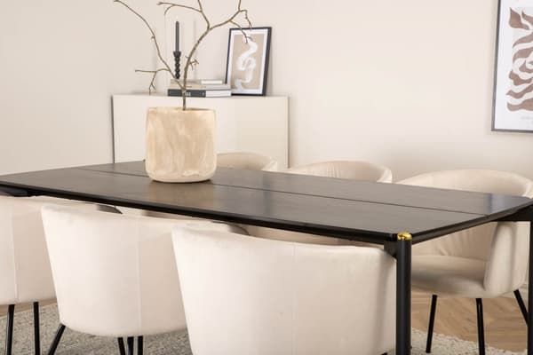Pelle spisegruppe spisebord svart og 6 Berit spisestuestoler velour beige.
