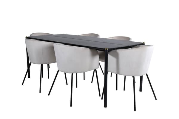 Pelle spisegruppe spisebord svart og 6 Berit spisestuestoler velour beige.