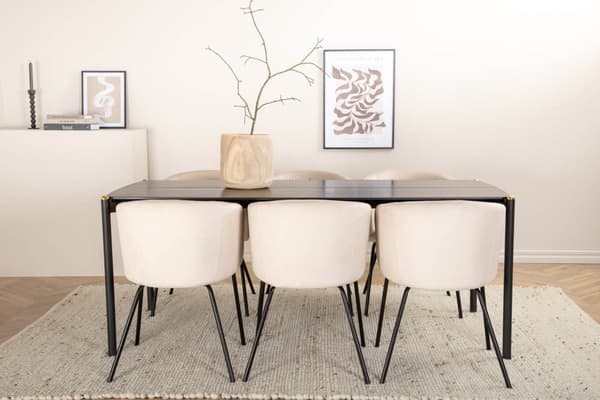 Pelle spisebordssæt spisebord sort og 6 Berit stole velour beige.