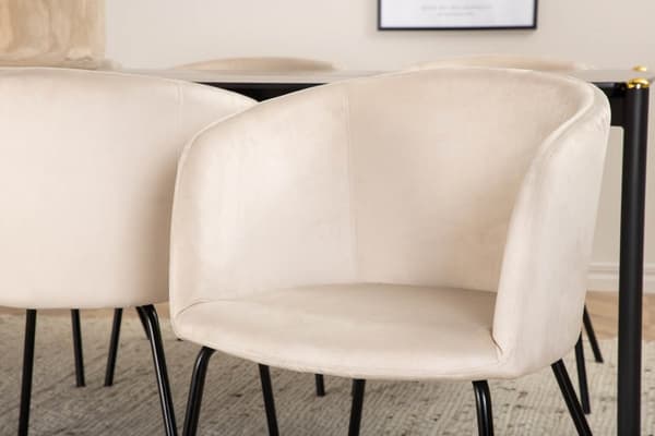 Pelle spisebordssæt spisebord sort og 6 Berit stole velour beige.