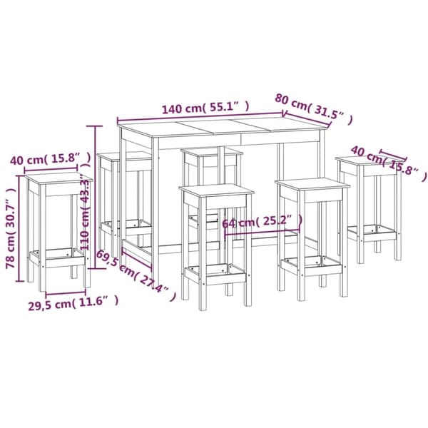 vidaXL Barsett 7 deler hvit heltre furu