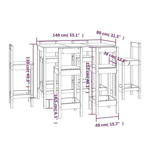 vidaXL Barsett 7 deler hvit heltre furu