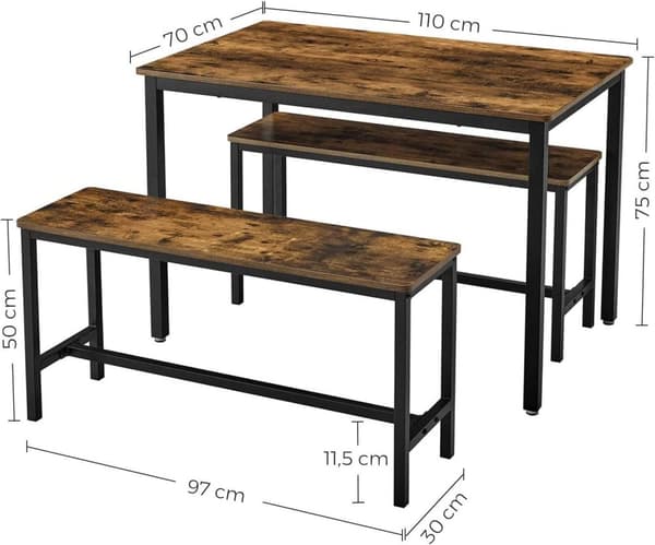 Rootz Matbord - Köksbordsset med 2 bänkar vardera (97 x 30 x 50) cm - Metallstomme - Industriell design (110 x 70 x 75 cm)