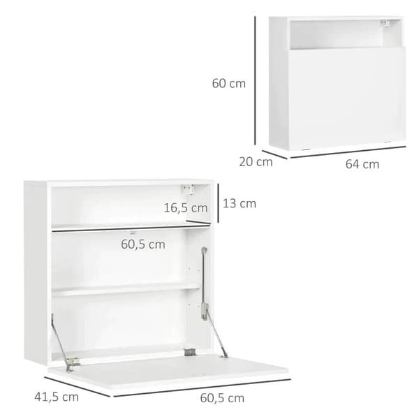 Rootz Vægbord - Foldebord - Væghængt Foldebord Med hylder - Hvid - 64 cm x 20 cm x 60 cm