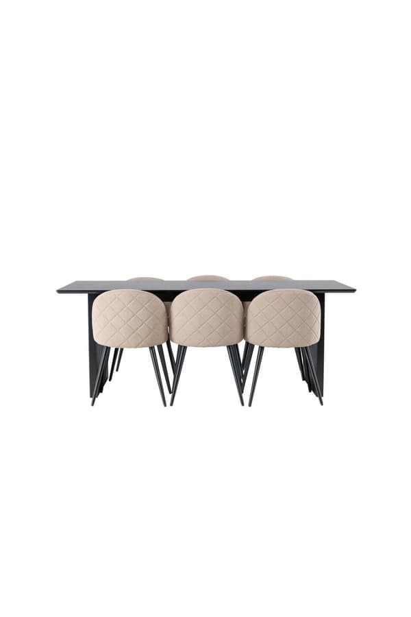 Vail matgrupp bord svart och 6 Velvet stolar beige.