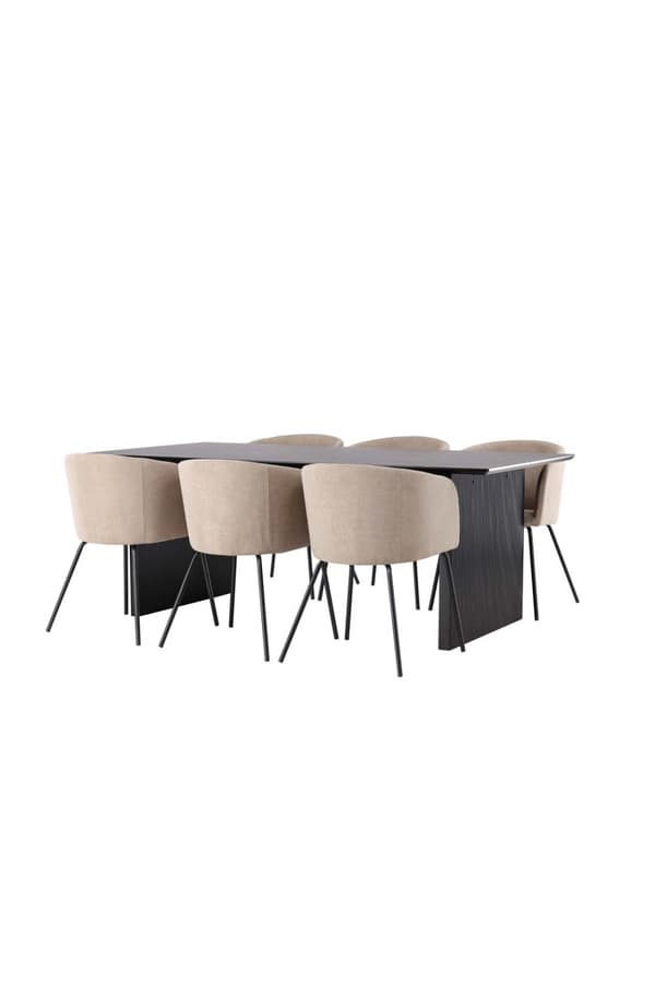 Vail spisebordssæt bord sort og 6 berit stole beige.