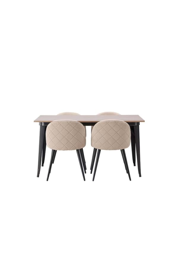 Tempe matgrupp bord valnöt dekor och 4 Velvet stolar beige.