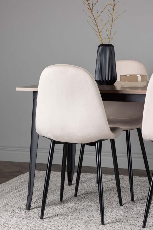 Tempe spisebordssæt bord valnød dekor og 4 Polar stole beige.