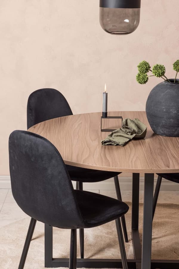 Durango spisegrupper bord valnøtt dekor og 4 Polar stoler svart.
