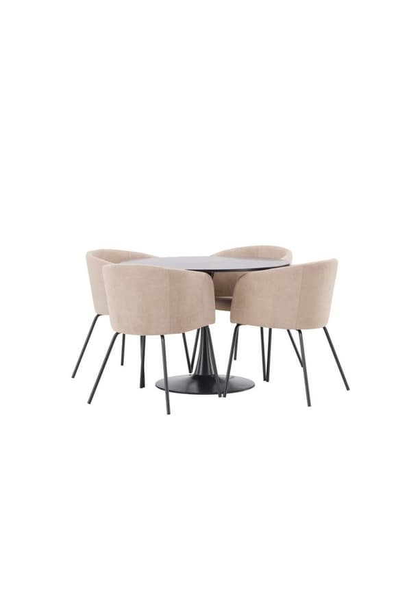 Glade spisegrupper bord svart og 4 berit stoler beige.