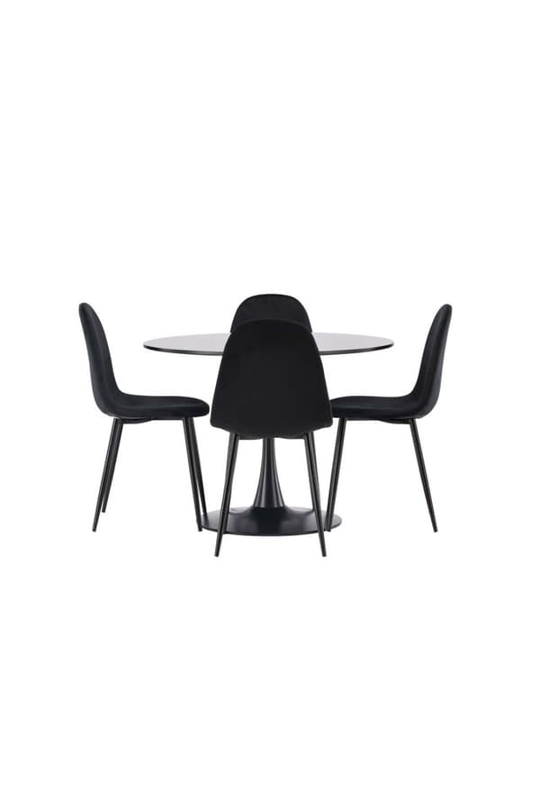 Glade spisegrupper bord svart og 4 Polar stoler svart.