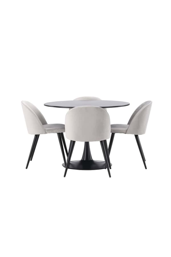 Glade spisegrupper bord svart og 4 Velvet stoler grå.