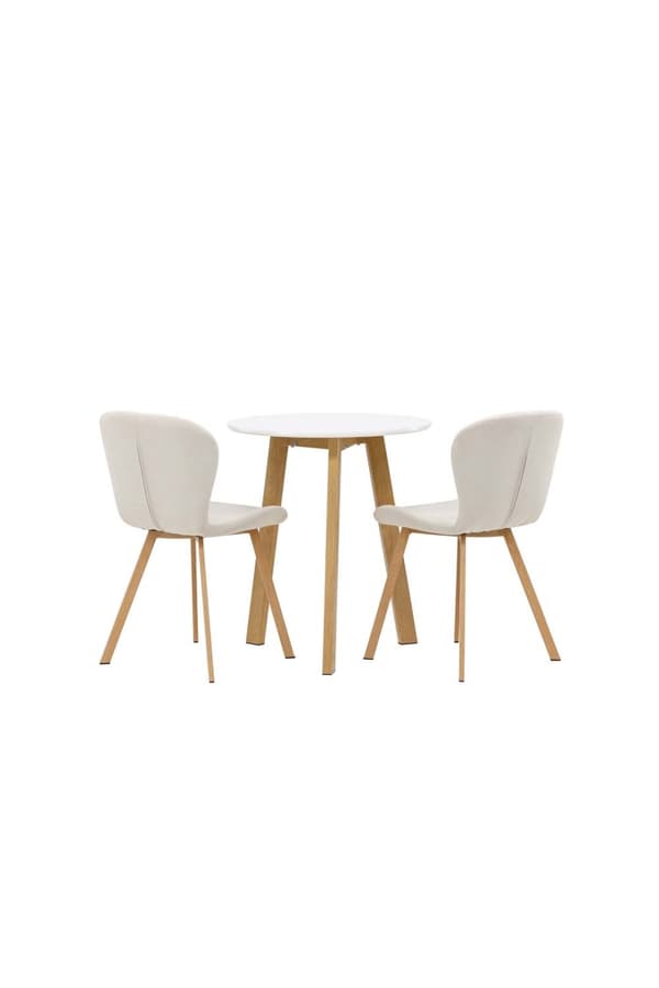 Leonora spisegrupper bord hvit og 2 Lilja stoler beige.