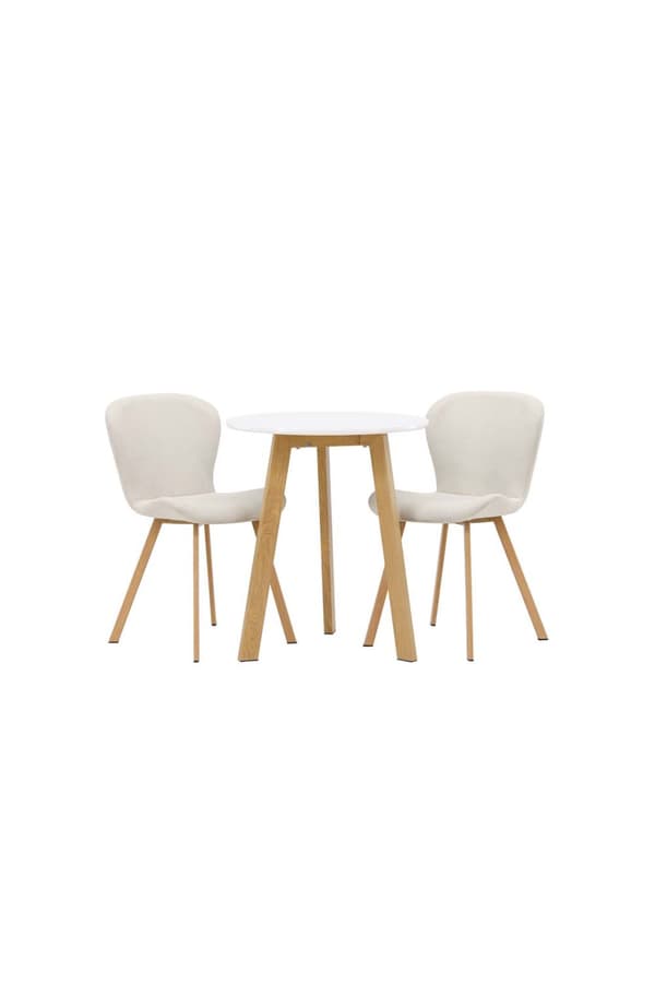 Leonora spisegrupper bord hvit og 2 Lilja stoler beige.