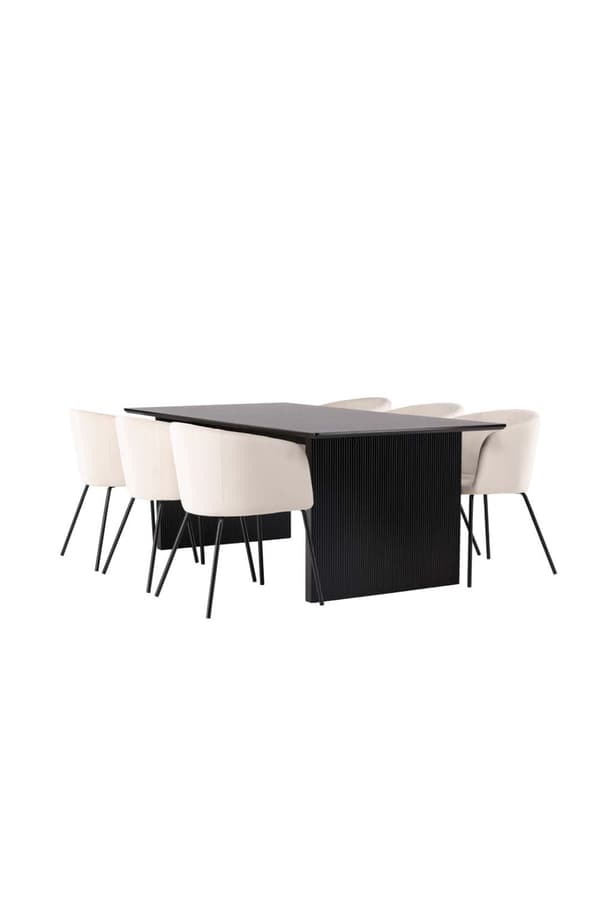 Vail spisegrupper bord svart og 6 berit stoler beige.