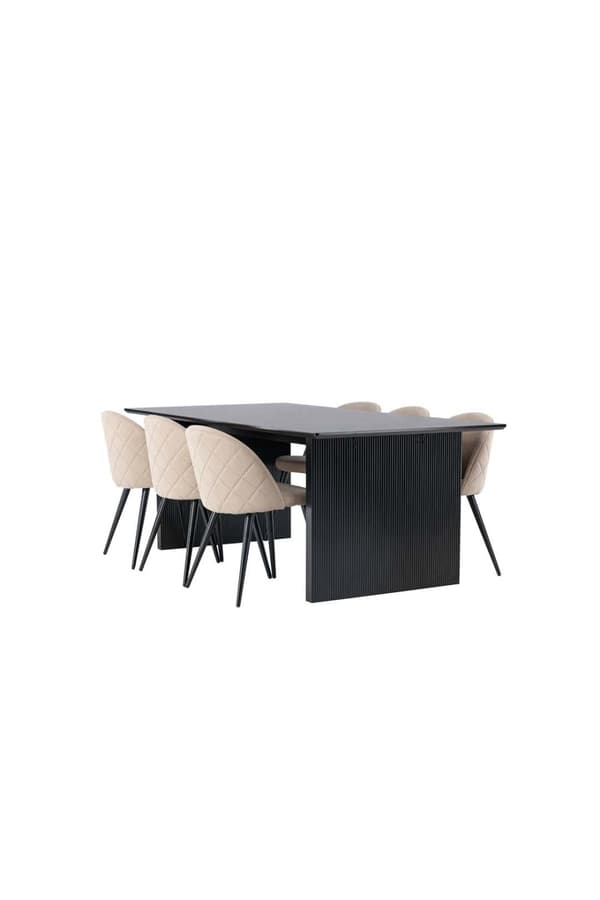 Vail spisegrupper bord svart og 6 Velvet stoler beige.