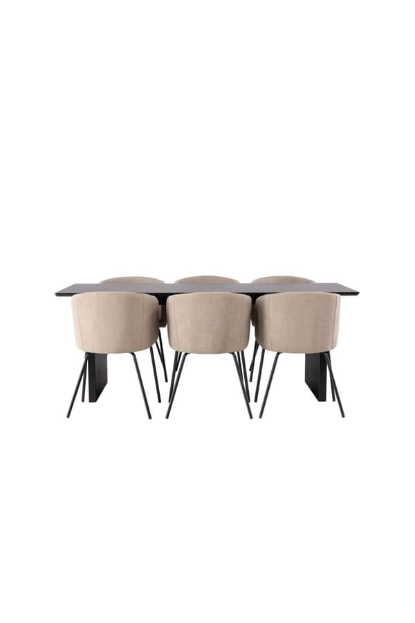 Vail spisegrupper bord svart og 6 berit stoler beige.