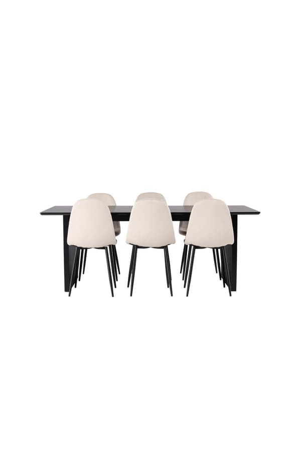 Vail spisegrupper bord svart og 6 Polar stoler beige.