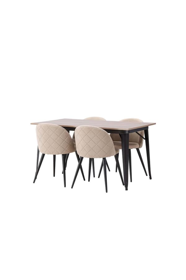 Tempe spisegrupper bord valnøtt dekor og 4 Velvet stoler beige.