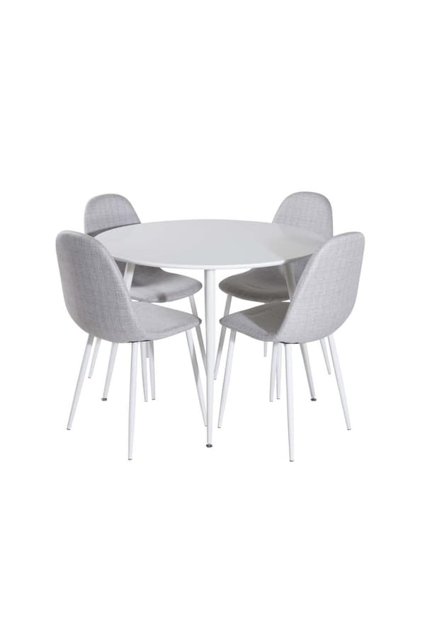 Plaza matgrupp bord vit och 4 Polar stolar grå.