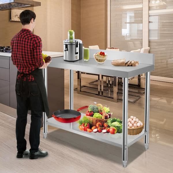 Köksbord - XMTECH - 100x60x85cm - Rostfritt stål - Höjdjusterbar - 2 hyllplan