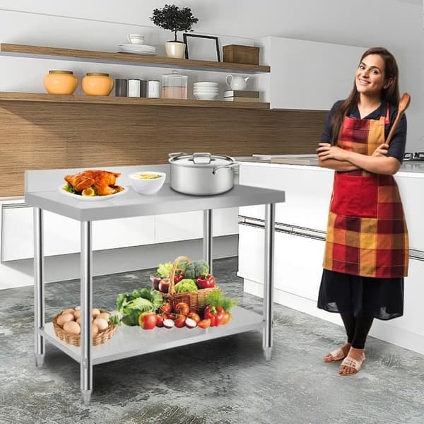 Köksbord - XMTECH - 100x60x85cm - Rostfritt stål - Höjdjusterbar - 2 hyllplan