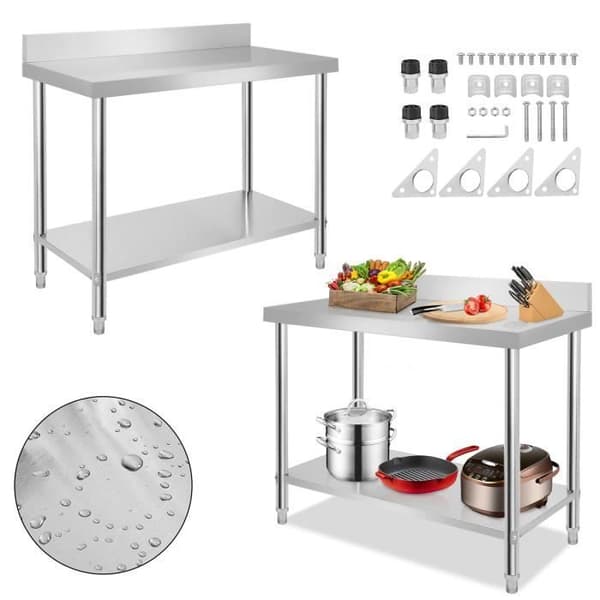 Köksbord - XMTECH - 100x60x85cm - Rostfritt stål - Höjdjusterbar - 2 hyllplan