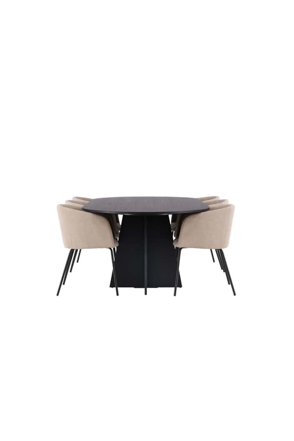 Bootcut spisegrupper bord svart og 6 berit stoler beige.