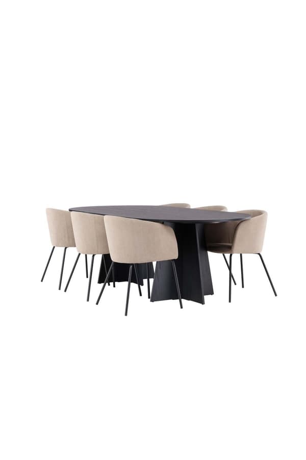 Bootcut spisegrupper bord svart og 6 berit stoler beige.