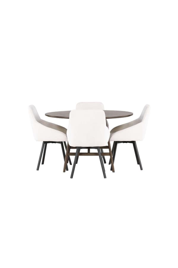 Kaseindon spisegrupper bord brun og 4 Rosie stoler beige.