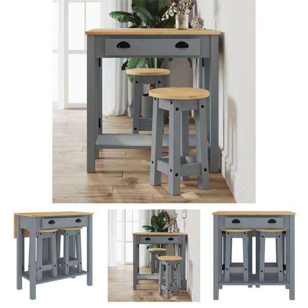 The Living Store 3-osainen Baarisarja harmaa täysi mänty -  Keittiön & ruokasalin kalusteet