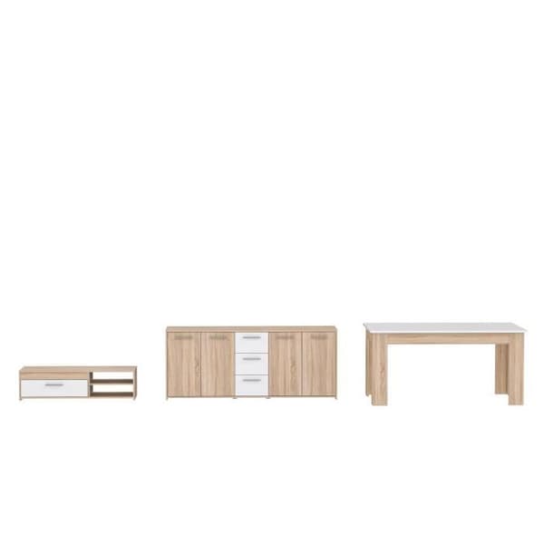TV-bufféset 179cm &amp; fast bord 160cm - Pilvi - Sonoma Ek / Matt Vit - 5 dörrar - 3 lådor