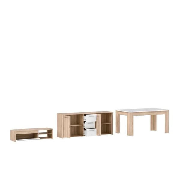 TV-bufféset 179cm &amp; fast bord 160cm - Pilvi - Sonoma Ek / Matt Vit - 5 dörrar - 3 lådor