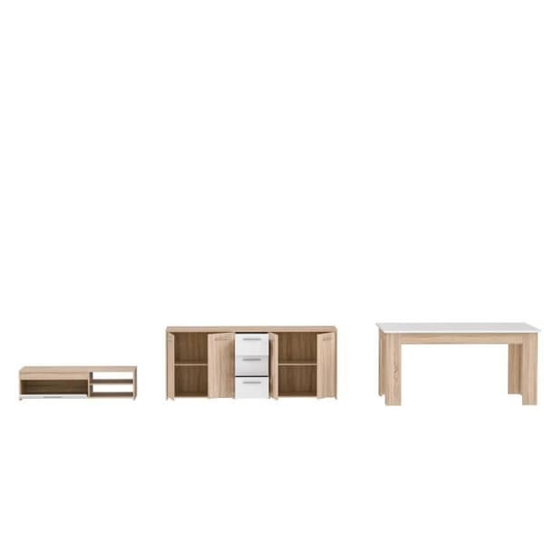 TV-bufféset 179cm &amp; fast bord 160cm - Pilvi - Sonoma Ek / Matt Vit - 5 dörrar - 3 lådor