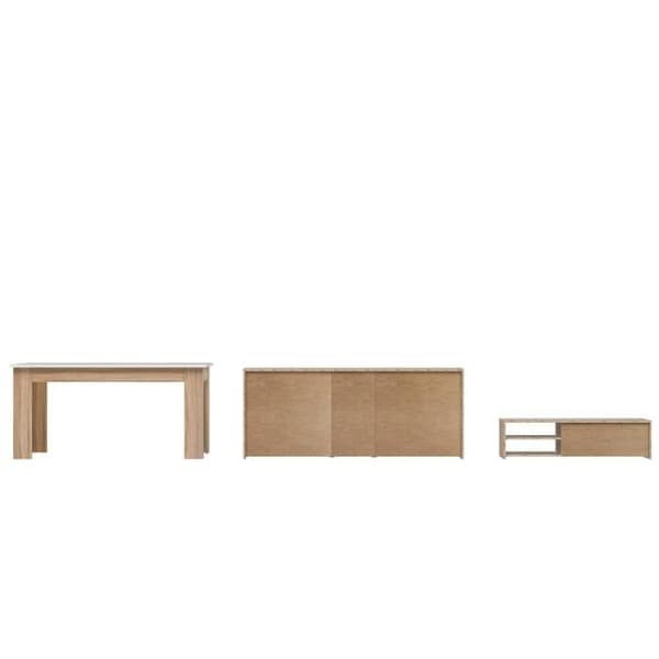TV-bufféset 179cm &amp; fast bord 160cm - Pilvi - Sonoma Ek / Matt Vit - 5 dörrar - 3 lådor