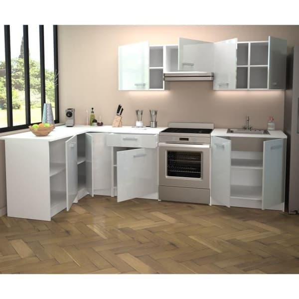 START Komplett hörnkök - Vit melamin - Blank vit polymerfront - L290 x D150 cm - Bänkskiva medföljer -