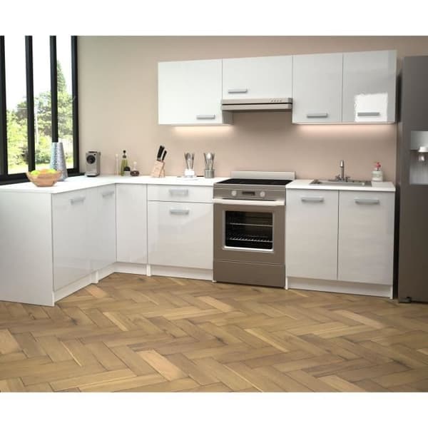 START Komplett hörnkök - Vit melamin - Blank vit polymerfront - L290 x D150 cm - Bänkskiva medföljer -