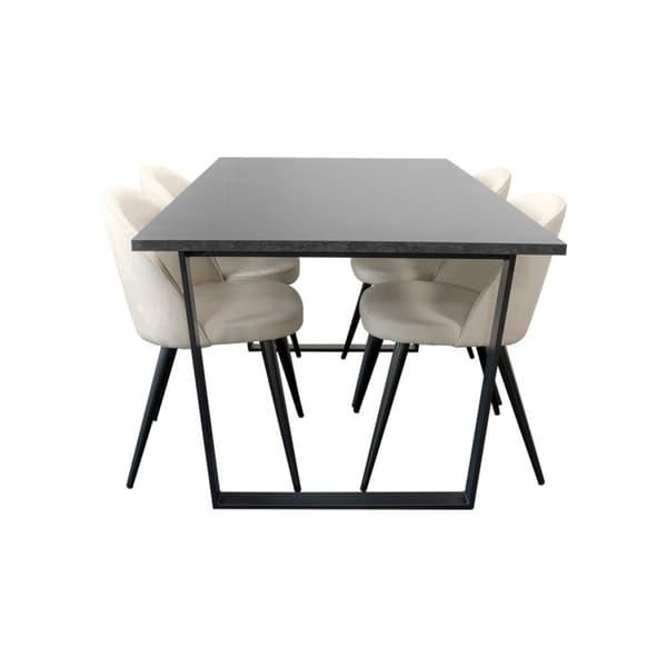 Tilst spisebordssæt spisebord sort marmor print og 4 stole fløjl beige.