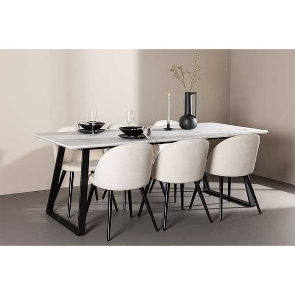 Malaga spisebordssæt spisebord 90x200cm hvid og 6 Skagen stole fløjl beige.