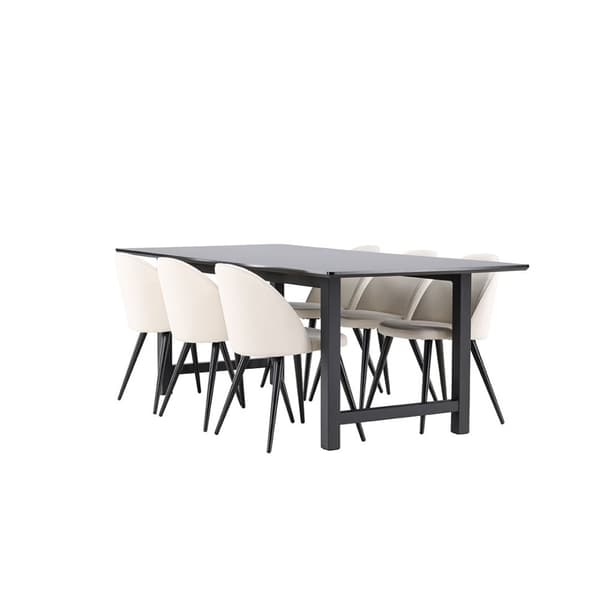 Oslo spisebordssæt spisebord 100x220cm sort og 6 Skagen stole fløjl beige.