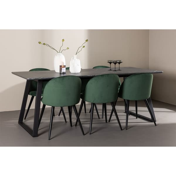 Malaga spisegrupper spisebord  90x200cm mørk grå og 6 Skagen stol velour grønn.