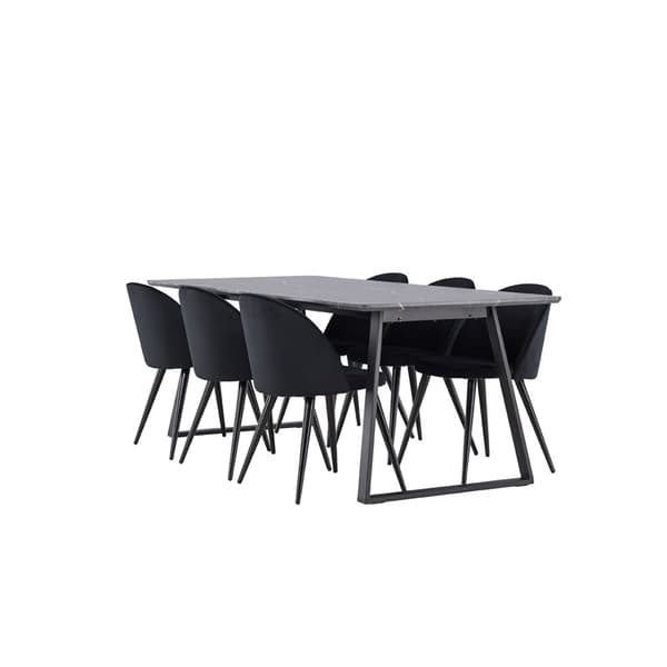 Malaga spisegrupper spisebord  90x200cm mørk grå og 6 Skagen stol velour svart.