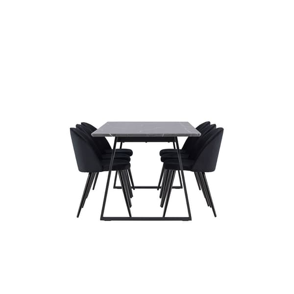 Malaga spisegrupper spisebord  90x200cm mørk grå og 6 Skagen stol velour svart.