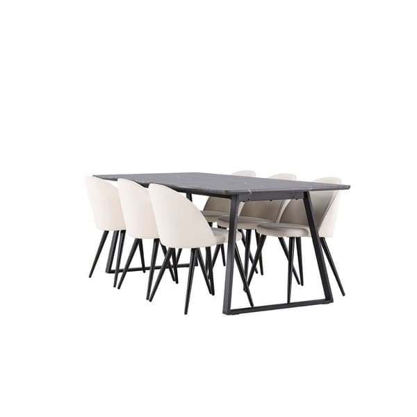 Malaga spisegrupper spisebord  90x200cm mørk grå og 6 Skagen stol fløyel beige.