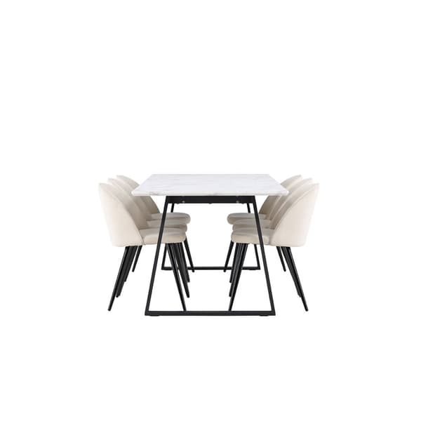 Malaga spisegrupper spisebord  90x200cm hvit og 6 Skagen stol velour beige.