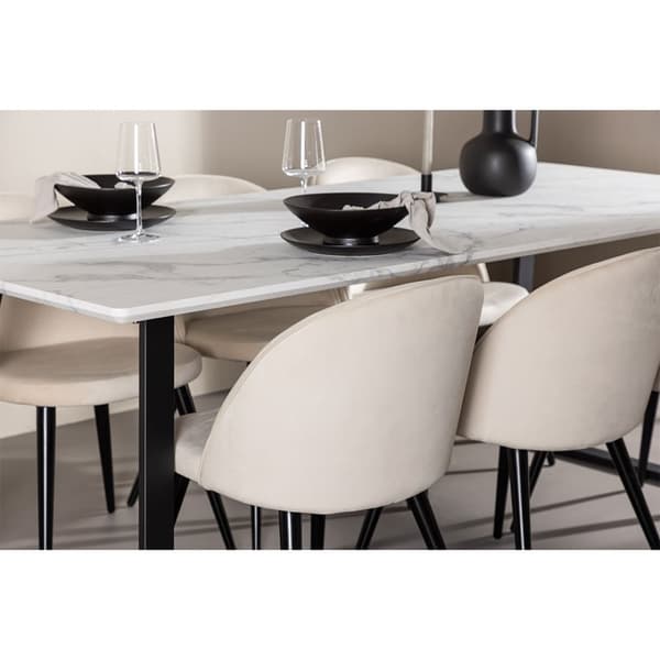 Malaga spisegrupper spisebord  90x200cm hvit og 6 Skagen stol velour beige.
